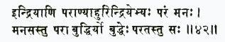 индрийани паранй ахур индрийебхйах парам манах манасас ту пара буддхир