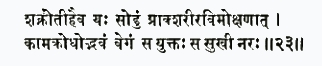 шакнотихаива йах содхум прак шарира-вимокшанат кама-кродходбхавам вега