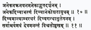 анека-вактра-найанам анекадбхута-даршанам анека-дивйабхаранам дивйанек