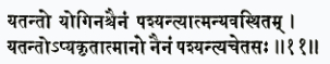 йатанто йогинаш чаинам пашйантй атманй авастхитам йатанто 'пй акритатм