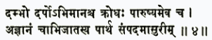 дамбхо дарпо 'бхиманаш ча кродхах парушйам эва ча агйанам чабхиджатасй